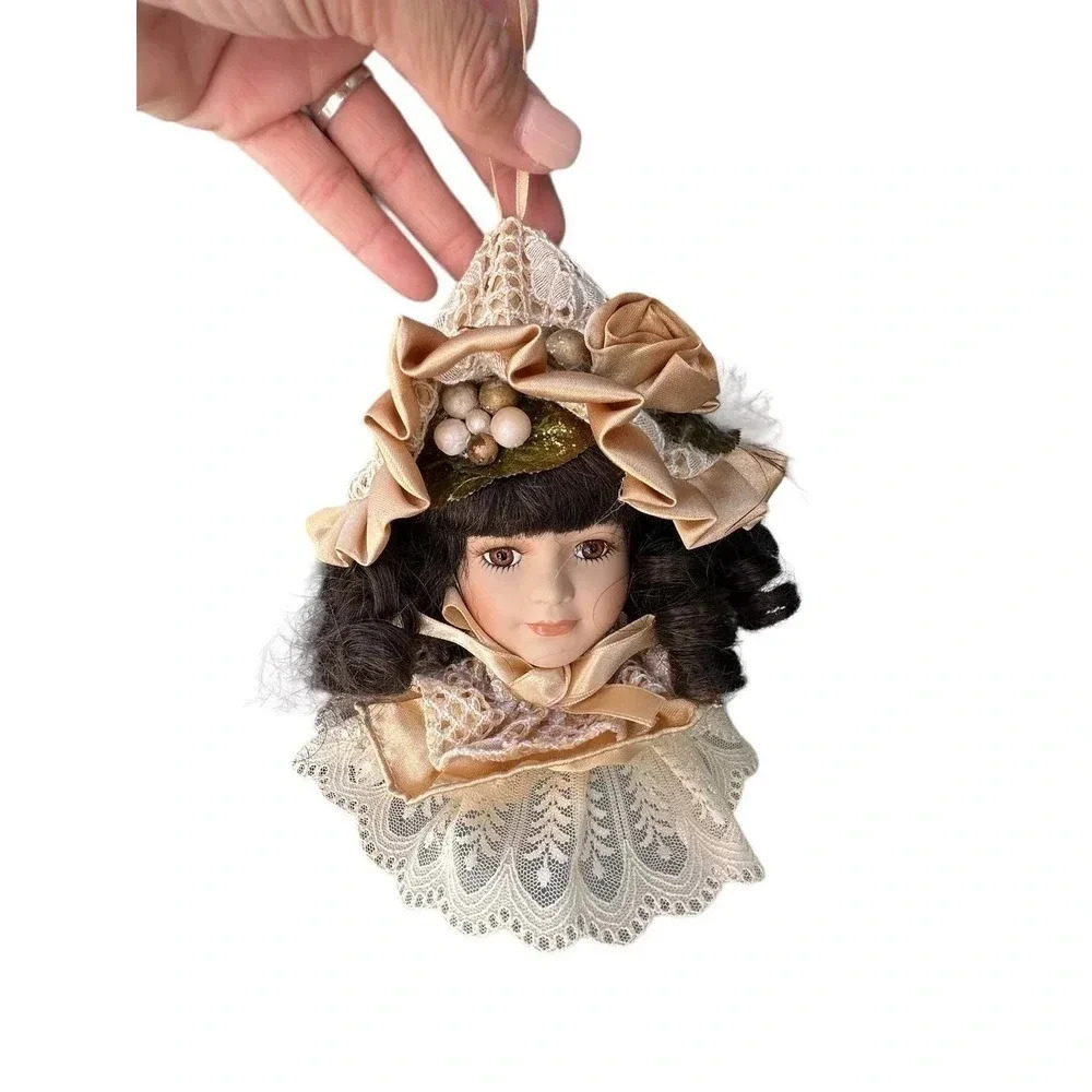 Vintage Dandee Victorian Porcelain Head Doll Cream Christmas Ornament Brown Hair